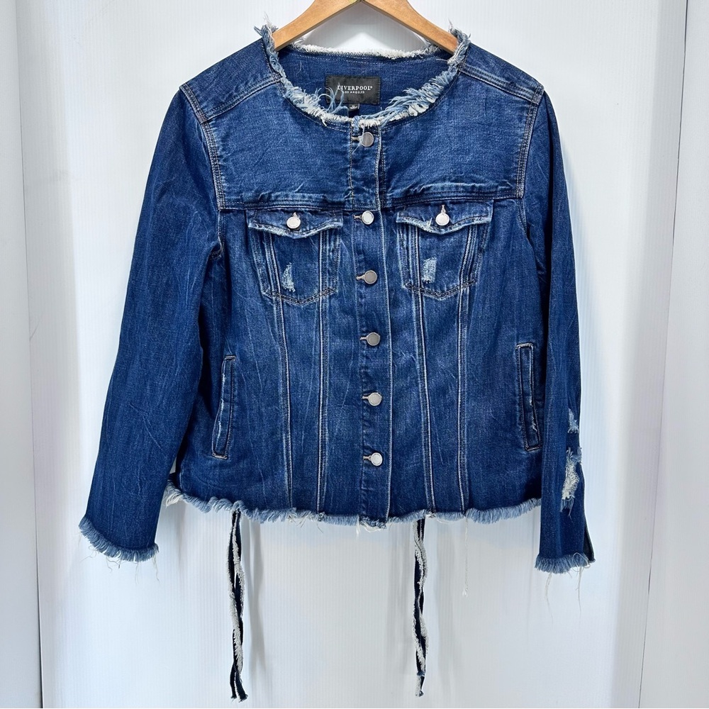 Liverpool Los Angeles Denim Jean Jacket Women’s Sz XL Braids Distressed Raw Hem‎